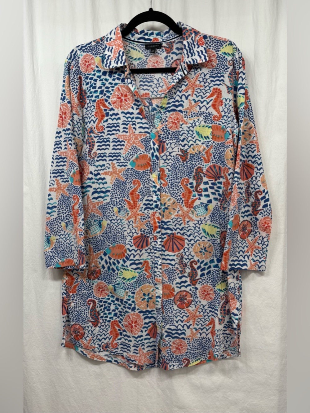 Talbots Beach Shirt Coverup XS Seahorse Button Up Cotton Nautical Coastal - Picture 2 of 16